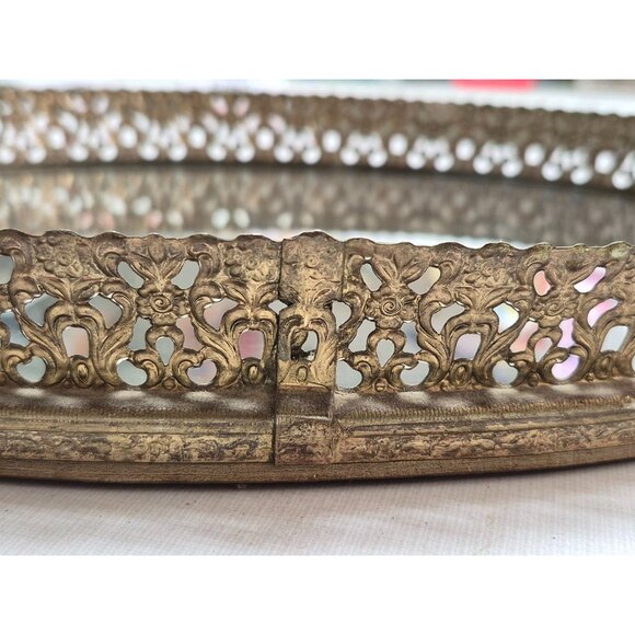 Vintage Ornate Brass Oval Vanity Tray With Mirror - Picture 8 of 9